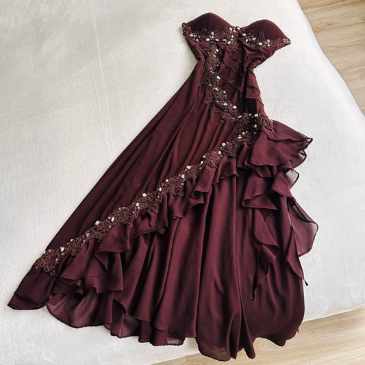 Elegante vestido de fiesta largo de gasa burdeos sin tirantes, corte A, con apliques, para graduación, noche, GG2488