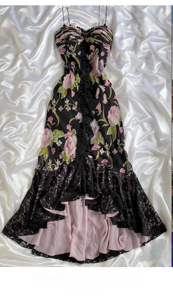 Impresionante vestido largo de fiesta, de noche y de gasa con tirantes finos, corte en A, estampado de encaje, GG2490