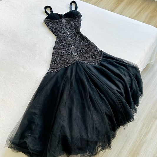 Vestido largo de fiesta, de gasa, con cuentas y tirantes finos, corte A, único, GG2493