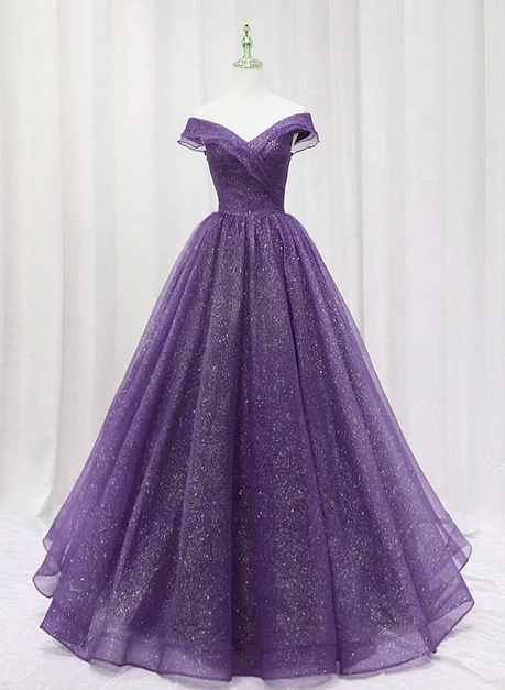 Elegante vestido de fiesta largo de tul morado con escote en forma de corazón y hombros descubiertos, vestido de noche GG249