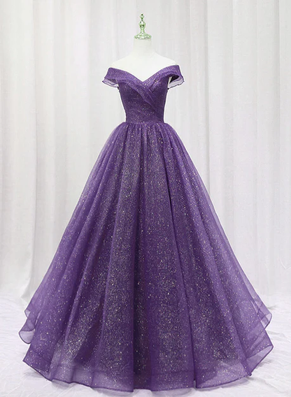 Elegante vestido de fiesta largo de tul morado con escote en forma de corazón y hombros descubiertos, vestido de noche GG249