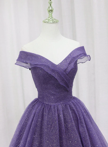 Elegante vestido de fiesta largo de tul morado con escote en forma de corazón y hombros descubiertos, vestido de noche GG249