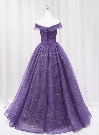 Elegante vestido de fiesta largo de tul morado con escote en forma de corazón y hombros descubiertos, vestido de noche GG249