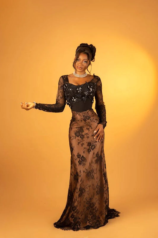 Vestido de fiesta largo de sirena con apliques de encaje satinado y mangas largas, GG2500