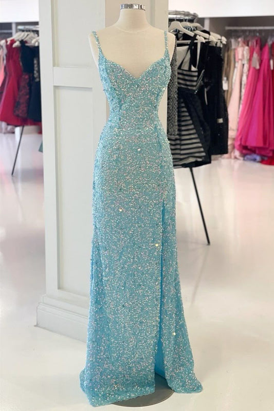 Vestido largo de fiesta, de sirena, con tirantes finos y lentejuelas, de satén, con abertura, para graduación, noche, GG2502