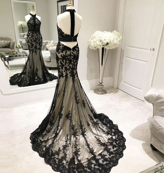 Impresionante vestido de fiesta largo de satén con escote halter y encaje de sirena, vestido de fiesta y vestido de noche GG2506
