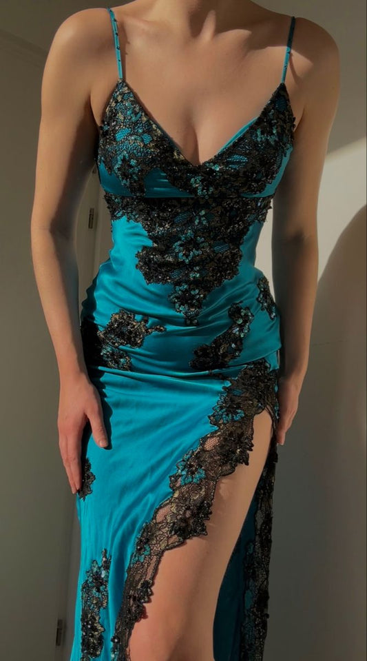 Vestido de fiesta largo de satén con tirantes finos y abertura en el bajo, estilo sirena, para graduación, noche, GG2507