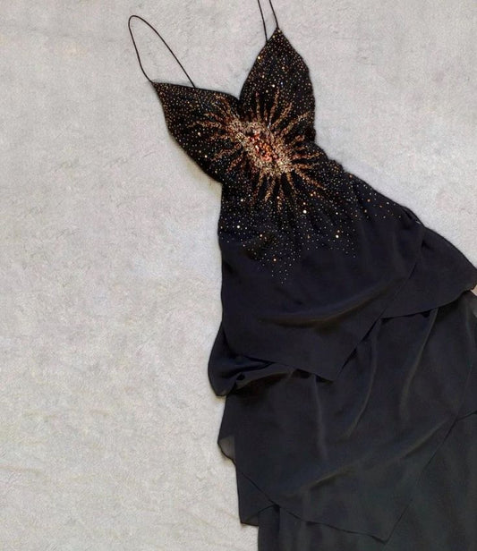 Vestido largo de fiesta, de noche y de gasa negra con cuentas y tirantes finos, corte A, GG2509