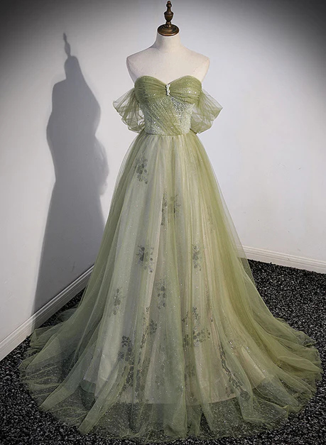 Elegante vestido de fiesta largo de tul con cuentas y escote en forma de A, color verde claro, con hombros descubiertos, vestido de noche GG250