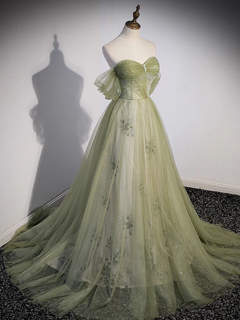 Elegante vestido de fiesta largo de tul con cuentas y escote en forma de A, color verde claro, con hombros descubiertos, vestido de noche GG250
