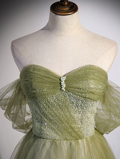 Elegante vestido de fiesta largo de tul con cuentas y escote en forma de A, color verde claro, con hombros descubiertos, vestido de noche GG250