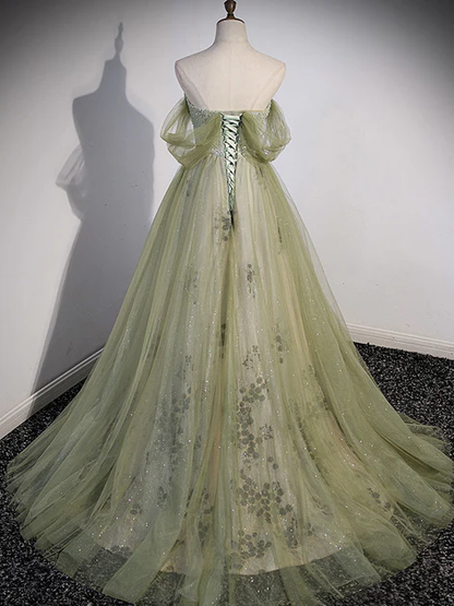 Elegante vestido de fiesta largo de tul con cuentas y escote en forma de A, color verde claro, con hombros descubiertos, vestido de noche GG250