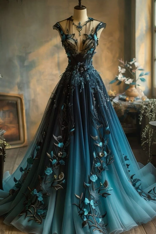 Vestido largo de fiesta de gasa con apliques y corte en A degradado, vestido de noche GG2510