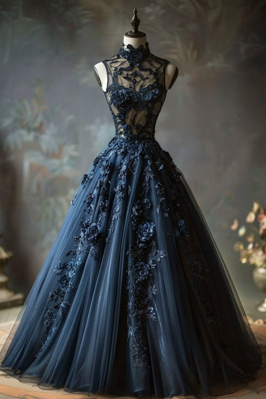 Vestido de fiesta largo de tul azul marino con escote halter y apliques, corte en A, GG2511