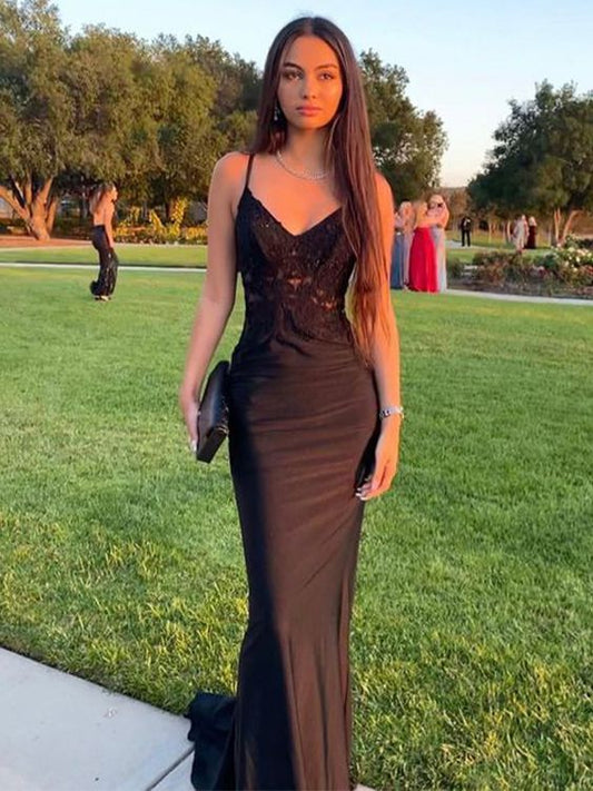 Elegante vestido de fiesta largo de sirena con tirantes finos y apliques de satén negro, vestido de fiesta, vestido de noche GG2519
