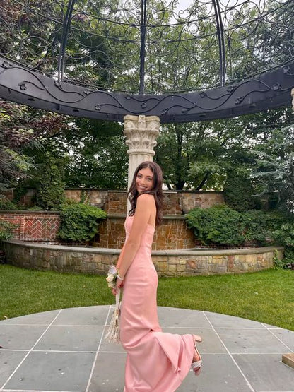 Vestido de fiesta, de noche y de fiesta, de satén rosa, sencillo, sin tirantes, corte sirena, GG2523