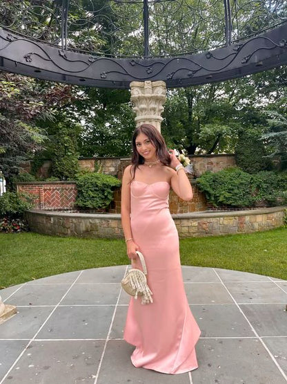 Vestido de fiesta, de noche y de fiesta, de satén rosa, sencillo, sin tirantes, corte sirena, GG2523
