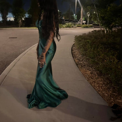 Impresionante vestido largo de fiesta, de sirena, con tirantes finos, de satén verde oscuro y cuentas, para graduación, fiesta o noche GG2525