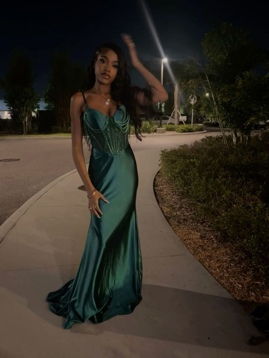 Impresionante vestido largo de fiesta, de sirena, con tirantes finos, de satén verde oscuro y cuentas, para graduación, fiesta o noche GG2525