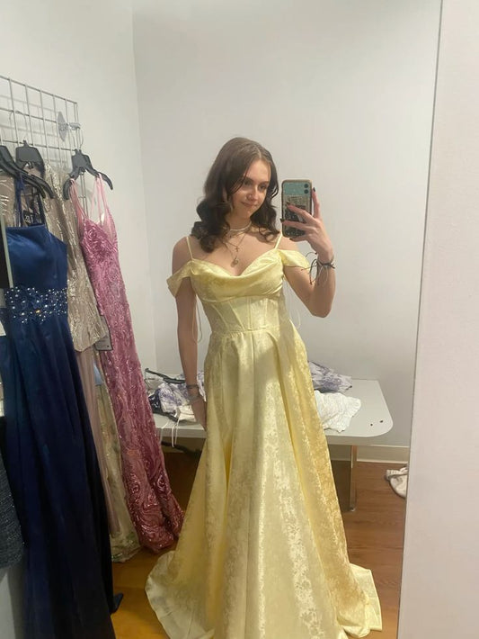 Vestido largo de satén amarillo pastel con tirantes finos, corte A, elegante, para fiesta de graduación o de noche, GG2526