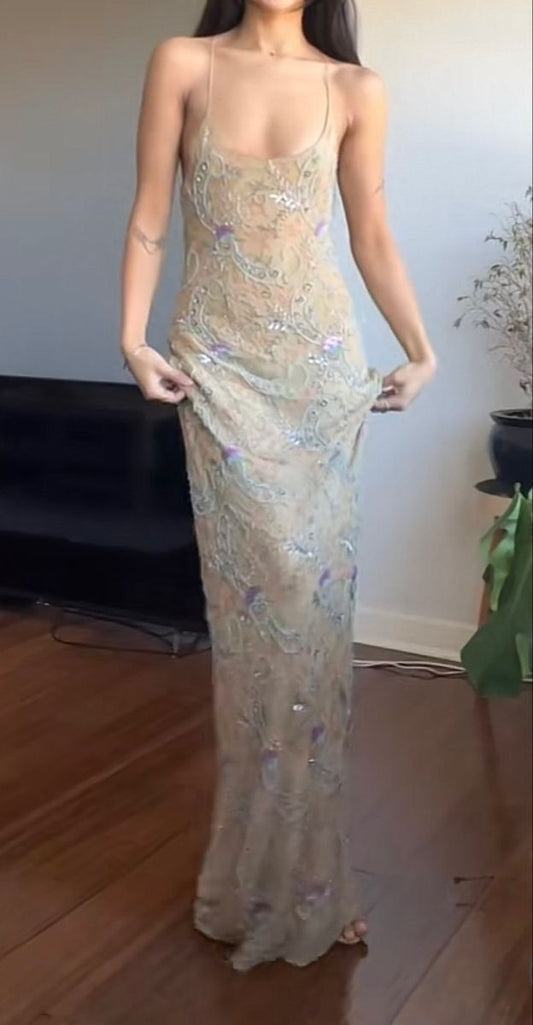 Impresionante vestido largo de fiesta, de noche y de tul con tirantes finos y corte sirena, GG2528