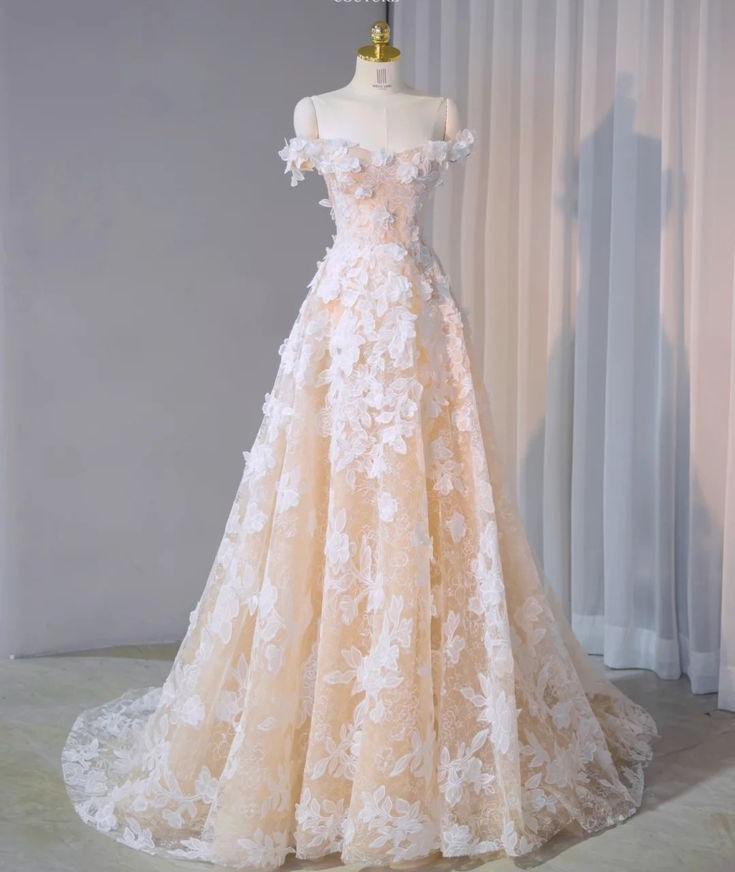 Exquisito vestido de fiesta largo con hombros descubiertos, apliques florales en champán claro, vestido de noche GG253
