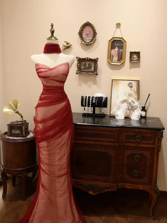 Vestido de fiesta largo de tul burdeos, elegante, sin tirantes, corte sirena, para graduación, noche, GG2532