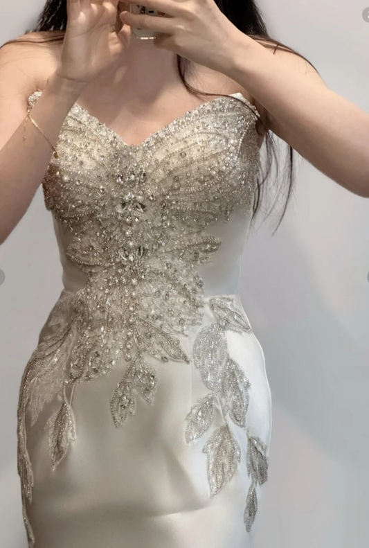 Precioso vestido de fiesta largo de satén con cuentas y corte sirena, sin tirantes, para graduación, noche, GG2534