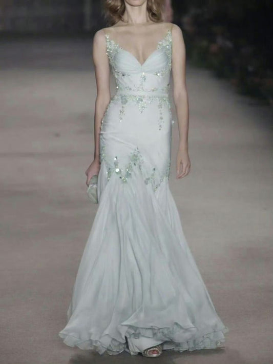 Impresionante vestido largo de fiesta de sirena con tirantes finos, de gasa y lentejuelas, para graduación, noche o fiesta GG2542