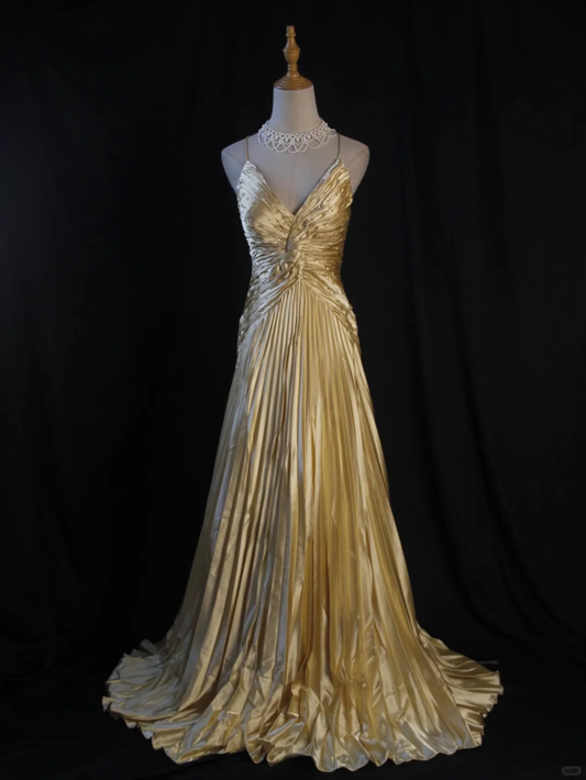Vestido largo vintage de satén dorado con tirantes finos, corte A, plisado y cuentas, para fiesta de graduación o de noche (GG2545)