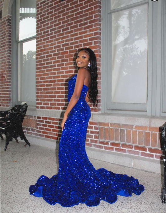 Vestido de fiesta largo de satén azul rey con lentejuelas y corte sirena, sin tirantes y con purpurina, para graduación, noche o cualquier ocasión especial, GG2548