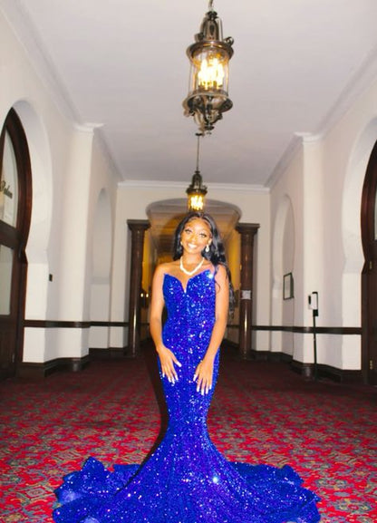 Vestido de fiesta largo de satén azul rey con lentejuelas y corte sirena, sin tirantes y con purpurina, para graduación, noche o cualquier ocasión especial, GG2548