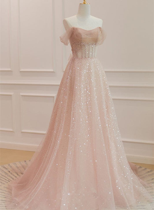 Vestido largo formal de tul con escote corazón y cuentas, corte en A, hombros descubiertos, GG255