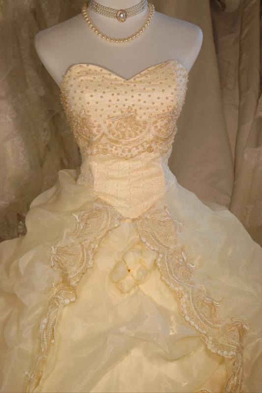 Impresionante vestido de fiesta de graduación, de gasa satinada en amarillo pastel con escote corazón y cuentas, vestido de noche GG2550