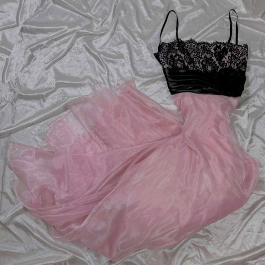 Hermoso vestido largo de gasa con encaje y tirantes finos, corte en A, para fiesta de graduación o de noche, GG2553