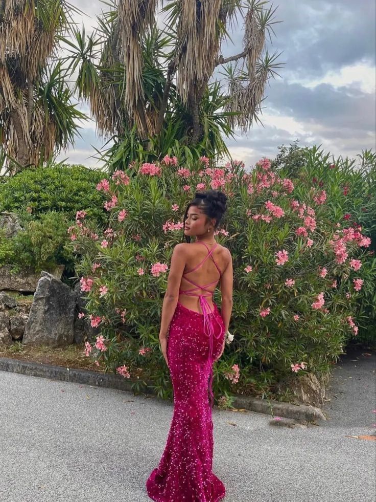 Sparkly Mermaid Halter Satin Sequin Long Prom Dress, Party Dress, Evening Dress GG2554