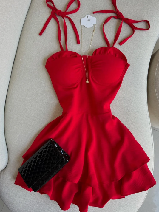 Vestido de fiesta mini de satén rojo con tirantes finos, corte A, para regreso a casa y cumpleaños GG2556