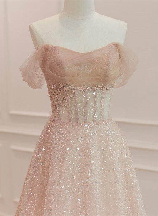 Vestido largo formal de tul con escote corazón y cuentas, corte en A, hombros descubiertos, GG255