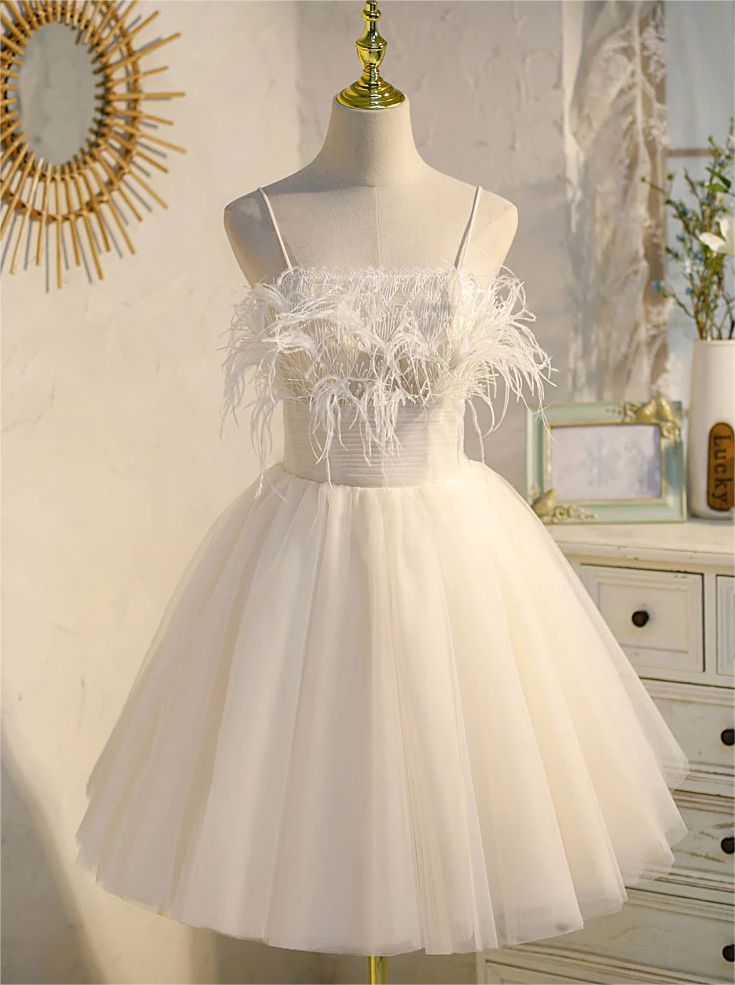Vestido corto de fiesta de tul blanco con tirantes finos, corte A, para regreso a casa y cumpleaños GG2566