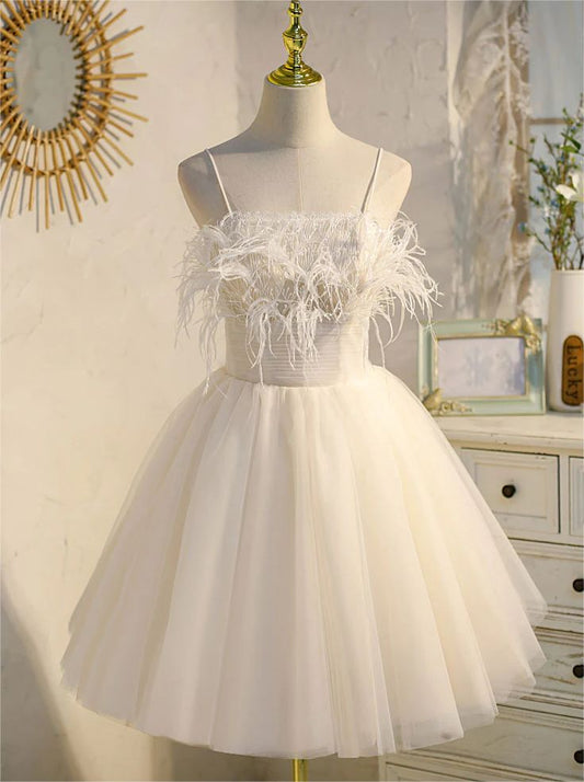 Vestido corto de fiesta de tul blanco con tirantes finos, corte A, para regreso a casa y cumpleaños GG2566