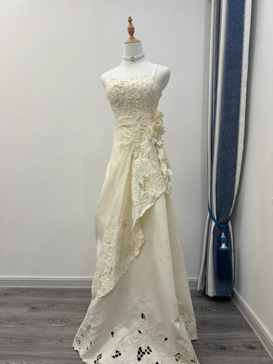 Vestido largo de satén con tirantes finos, corte A, apliques, para fiesta de graduación o noche, GG2568