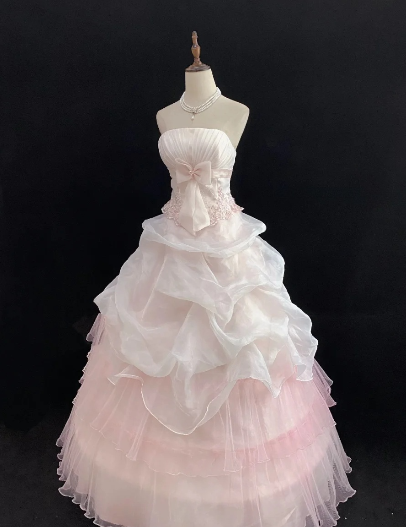 Lovely Ball Gown Strapless Light Pink Satin Tulle Applique Long Prom Dress, Party Dress, Evening Dress GG2572