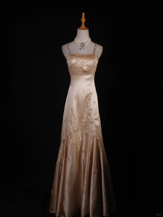Hermoso vestido de fiesta largo de sirena con tirantes finos, satén champán, lentejuelas y cuentas, vestido de fiesta, vestido de noche GG2573