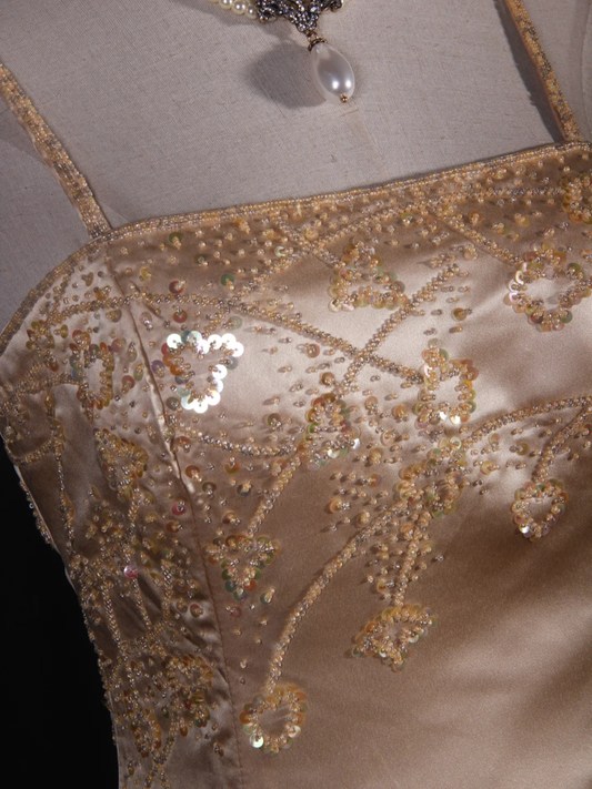 Hermoso vestido de fiesta largo de sirena con tirantes finos, satén champán, lentejuelas y cuentas, vestido de fiesta, vestido de noche GG2573