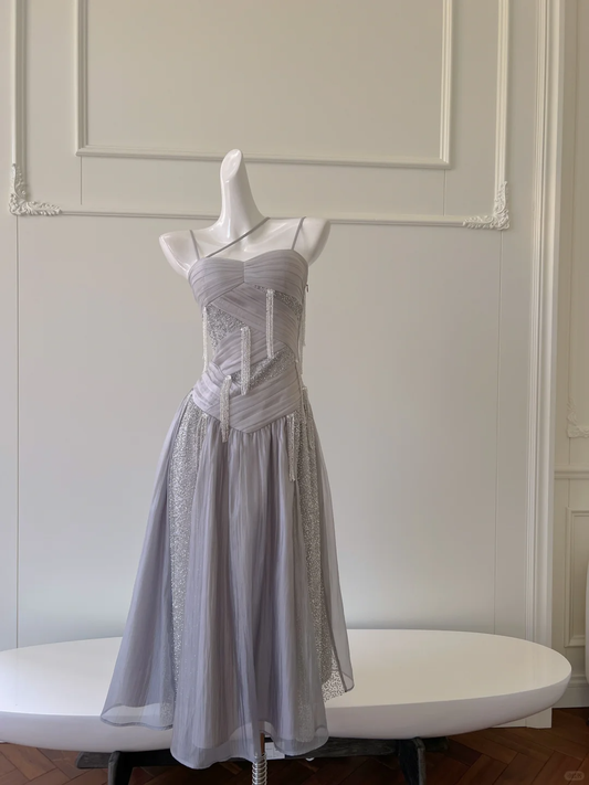 Vestido largo de fiesta, de gasa, con cuentas y tirantes finos, corte A, elegante, para graduación, noche, GG2579