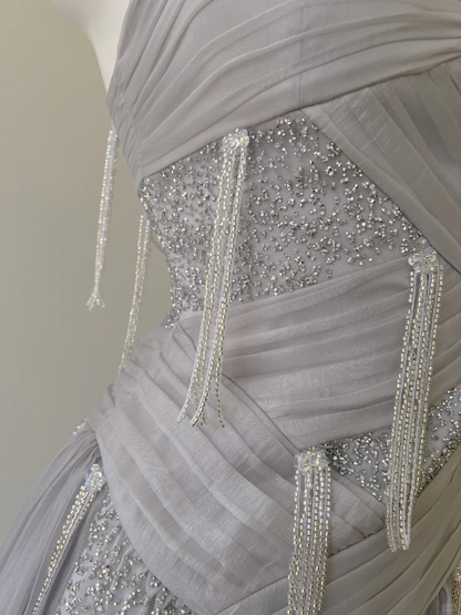 Vestido largo de fiesta, de gasa, con cuentas y tirantes finos, corte A, elegante, para graduación, noche, GG2579