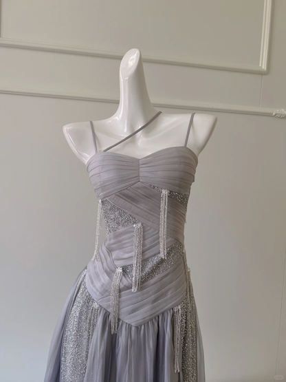 Vestido largo de fiesta, de gasa, con cuentas y tirantes finos, corte A, elegante, para graduación, noche, GG2579