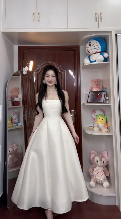 Vestido largo de satén blanco con corte en A, elegante, para fiesta de graduación o de noche, GG2587