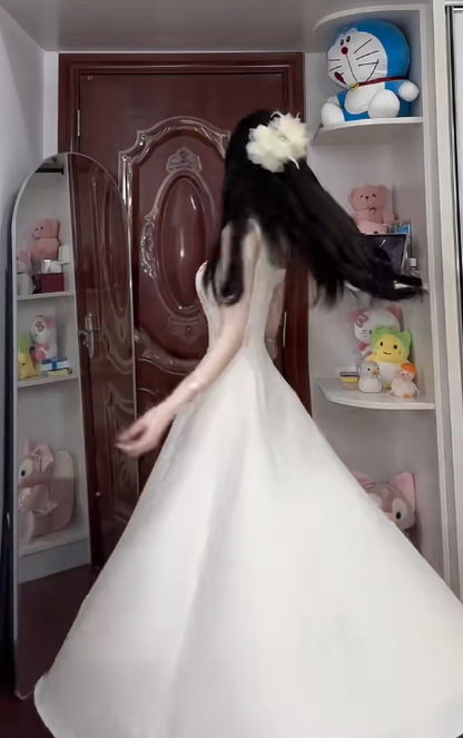 Vestido largo de satén blanco con corte en A, elegante, para fiesta de graduación o de noche, GG2587