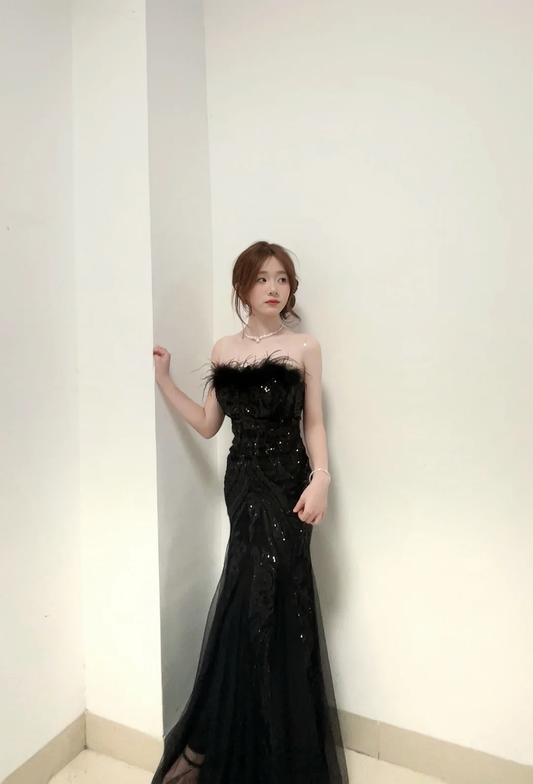 Hermoso vestido de fiesta largo de sirena negro sin tirantes de tul con lentejuelas, vestido de fiesta, vestido de noche GG2589